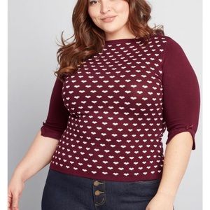 NWT Banned Dancing Days Retro Charming Heart Vintage Boat Neck Knit Top Burgundy